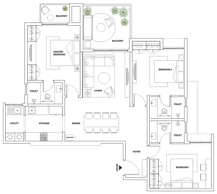 3 BHK Type 1 floor plan at Assetz Codename Sublime showing room layout and dimensions